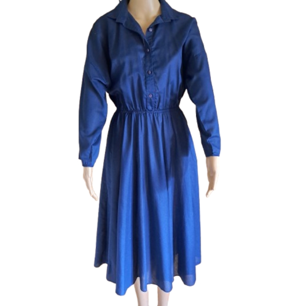 Vtg 70's/80's Womens Classic Midi Navy American Shirtdress